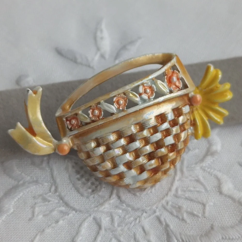 Vintage BJ enamel woven flower basket pin yellow orange